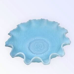 Fenton Frosted Blue Glass Bowl Vintage Floral Design Trinket Candy Dish